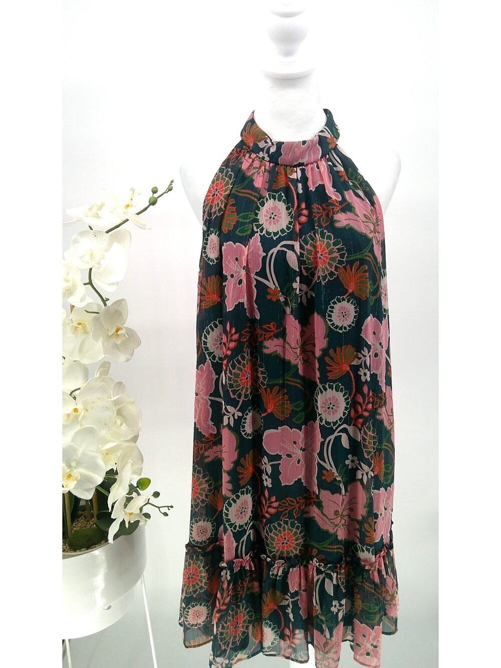 Melonie Womens Sz 14 Floral Navy Pink Ruffled Hem Knee Length Halter-Neck Dress